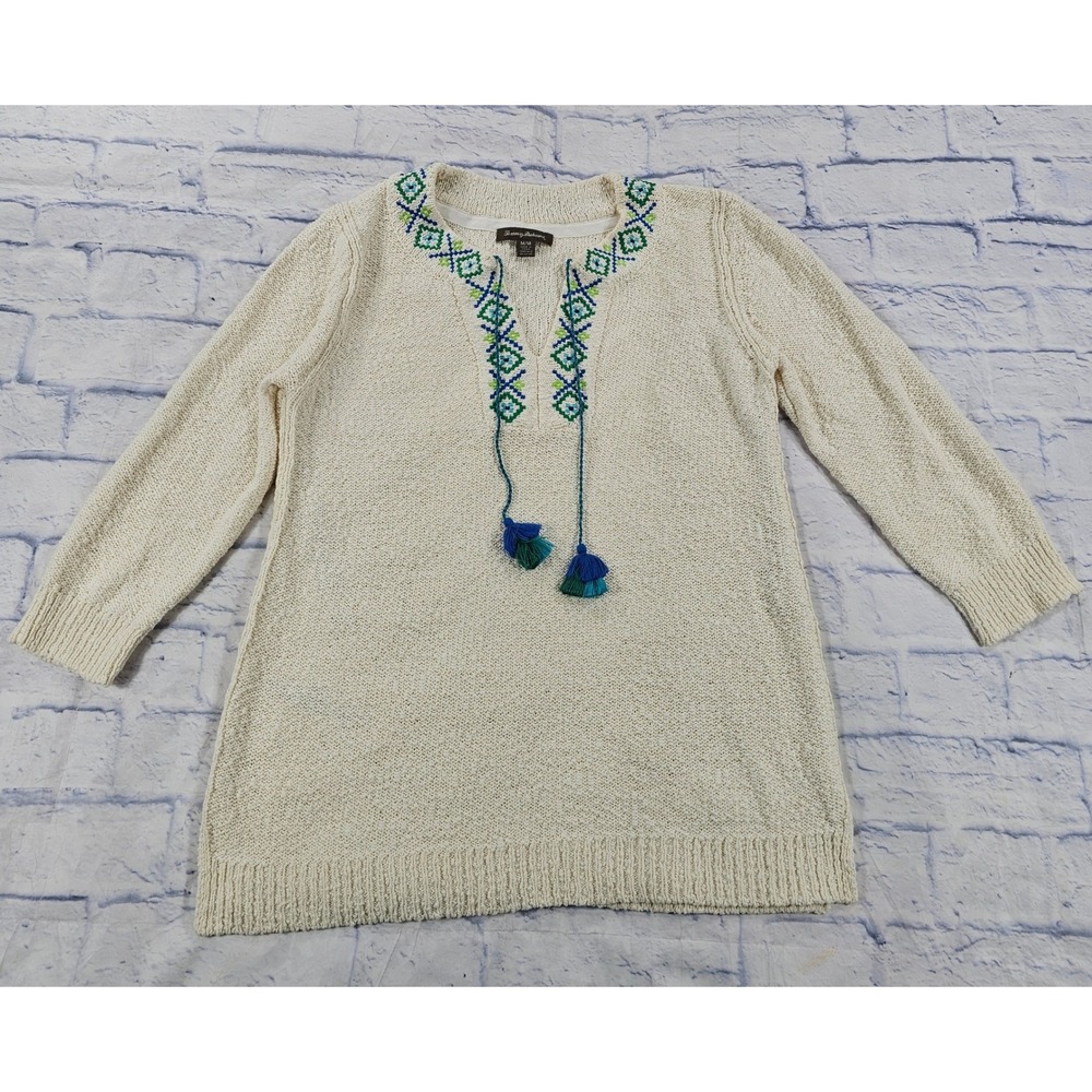 Tommy Bahama Bonfire Tassel Tunic Womens M Cream Embroidered Split Neck Coastal